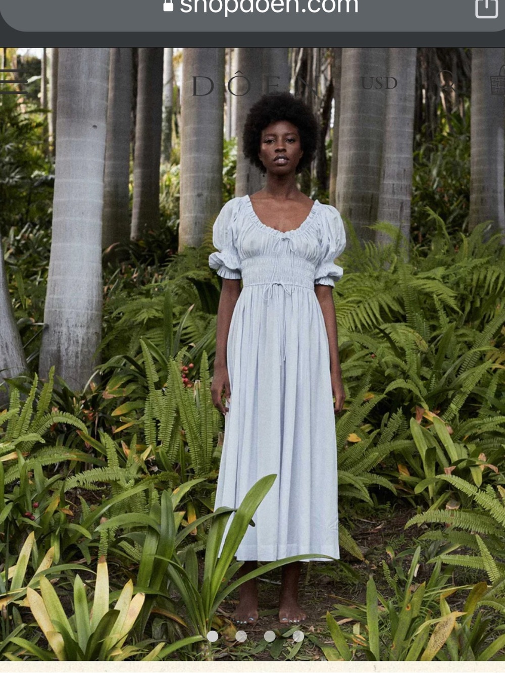 Doen Ischia Dress - Smocked Puff-Sleeve Midi Dress in Light Blue